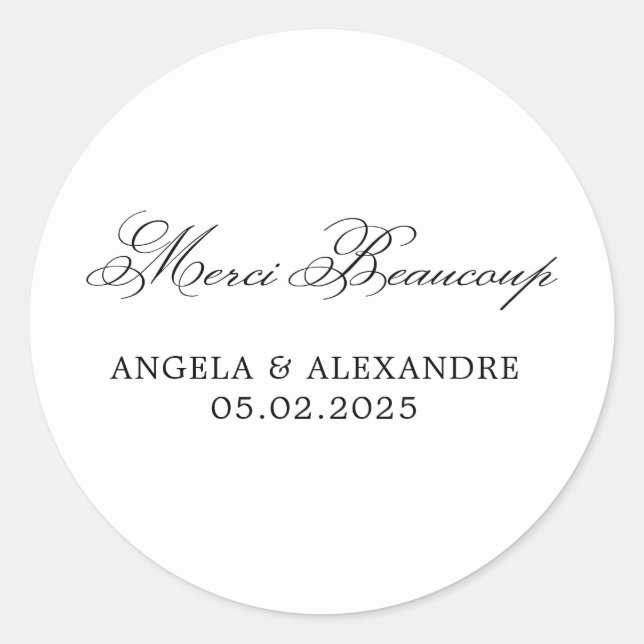 Elegant Classic Calligraphy Wedding Merci Beaucoup Round Sticker (Front)