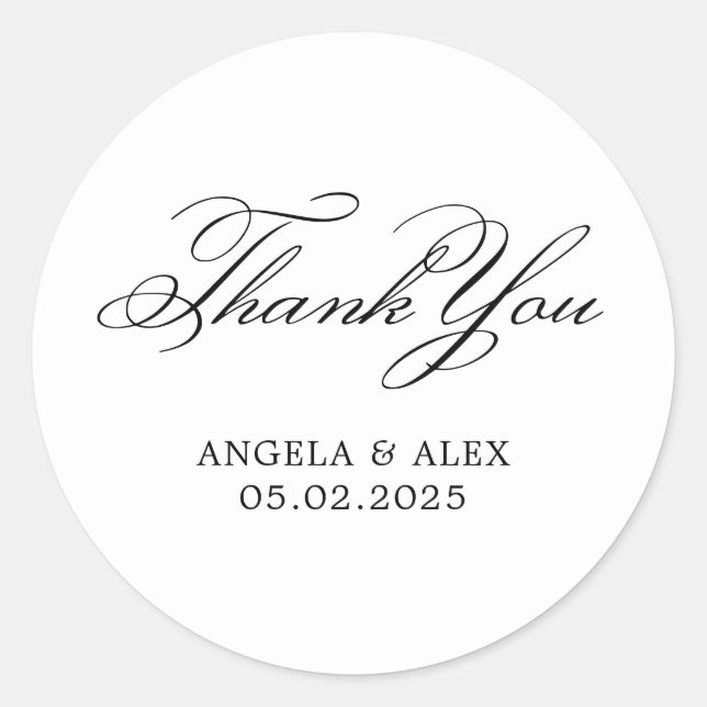 Elegant Classic Calligraphy Wedding Thank You Round Sticker (Front)