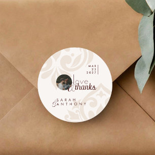 Elegant Classic Chic Burgundy Cream Photo Wedding Round Sticker