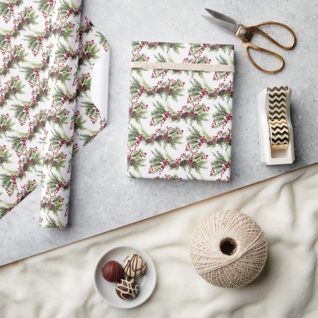 Elegant classic Christmas greenery and holly berry Wrapping Paper (Crafts)