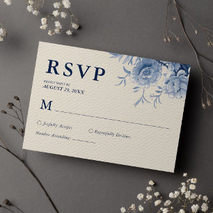 Elegant Classic Cream & French Blue Floral Wedding RSVP Card