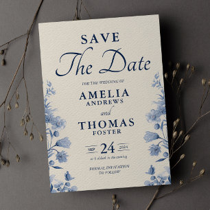 Elegant Classic Cream & French Blue Floral Wedding Save The Date