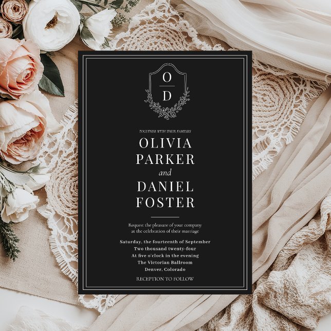Elegant Classic Crest Black & White Wedding Invitation (Creator Uploaded)