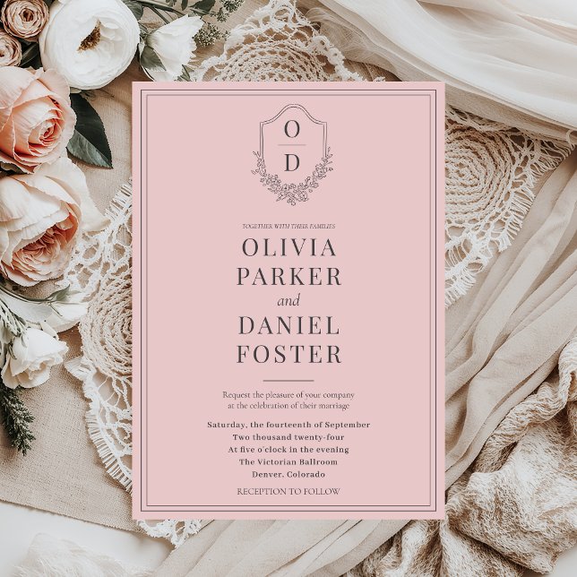 Elegant Classic Crest Blush Pink Wedding Invitation (Creator Uploaded)