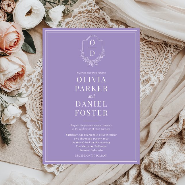 Elegant Classic Crest Lilac Purple Wedding Invitation (Creator Uploaded)