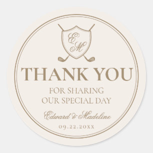 Elegant Classic Crest Monogram Golf Wedding Classic Round Sticker