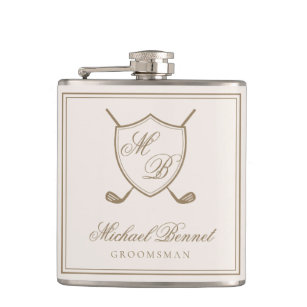 Elegant Classic Crest Monogram Golf Wedding Hip Flask
