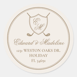 Elegant Classic Crest Monogram Golf Wedding Round Sticker