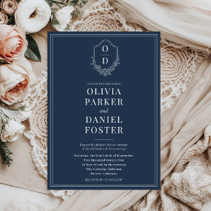 Elegant Classic Crest Navy Blue Wedding Invitation