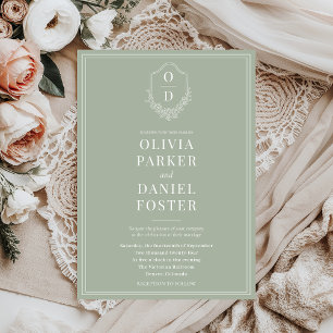 Elegant Classic Crest Sage Green Wedding Invitation