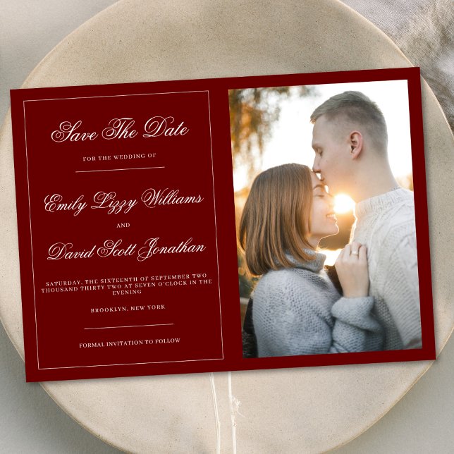 Elegant Classic Crimson Red Photo Save The Date  Invitation (Creator Uploaded)