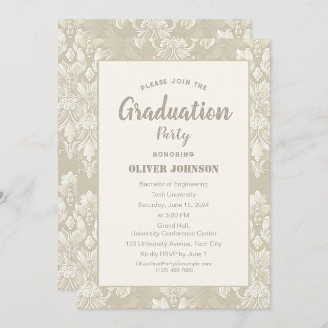 Elegant Classic Damask Graduation Invitation (Front/Back)