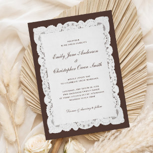 Elegant Classic Dark Brown Lace Wedding Invitation