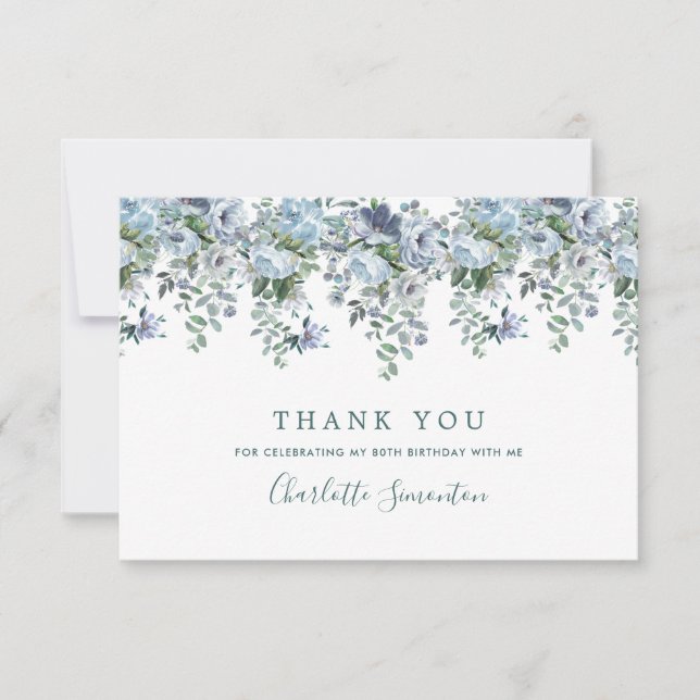 Elegant Classic Dusty Blue Floral 80th Birthday Thank You Card (Front)