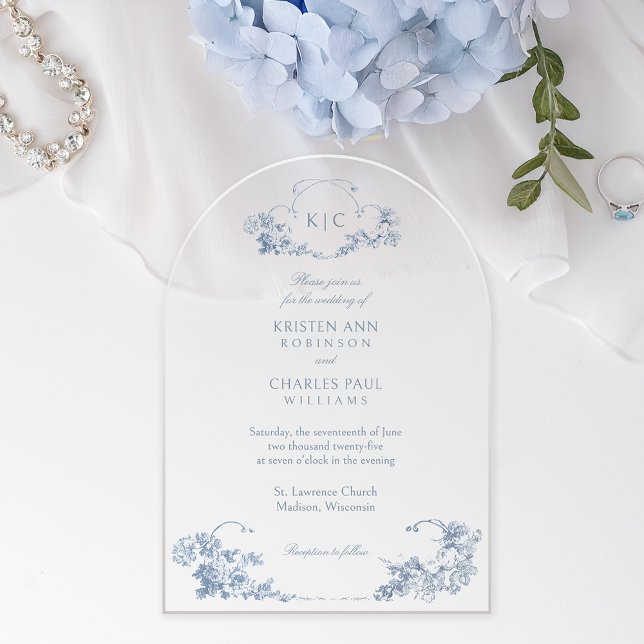 Elegant Classic Dusty Blue French Floral Acrylic Invitations (Creator Uploaded)