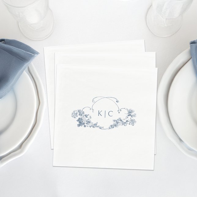 Elegant Classic Dusty Blue French Floral Crest Napkin (Creator Uploaded)
