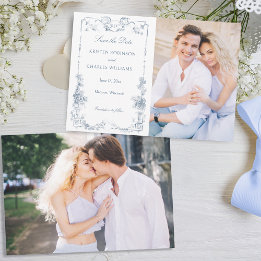Elegant Classic Dusty Blue French Floral Save The Date
