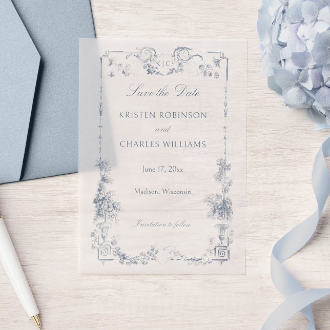 Elegant Classic Dusty Blue French Floral Vellum Invitations (Creator Uploaded)