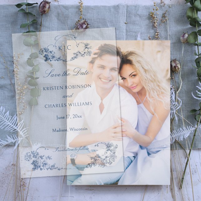 Elegant Classic Dusty Blue French Floral Vellum Invitations (Creator Uploaded)