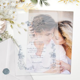 Elegant Classic Dusty Blue French Floral Vellum Invitations
