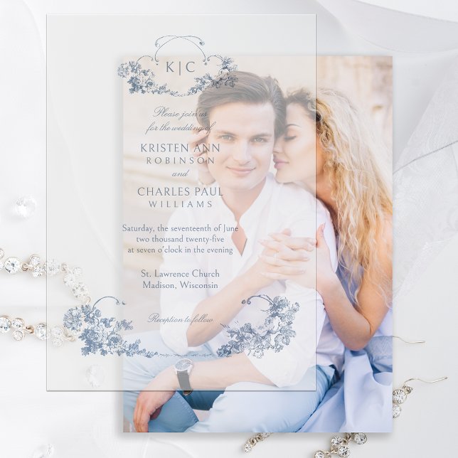 Elegant Classic Dusty Blue French Floral Vellum Invitations (Creator Uploaded)