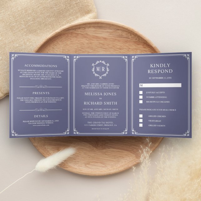 Elegant Classic Dusty Purple Monogram Wedding Tri-Fold Invitation (Creator Uploaded)