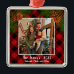 Elegant classic family photo red plaid pinecone metal tree decoration<br><div class="desc">Rustic country up-north feeling ! Red and black plaid - pine cones - holiday cheer,  elegant script calligraphy text! Customisable - change text style add your own photo,  make it your own!</div>
