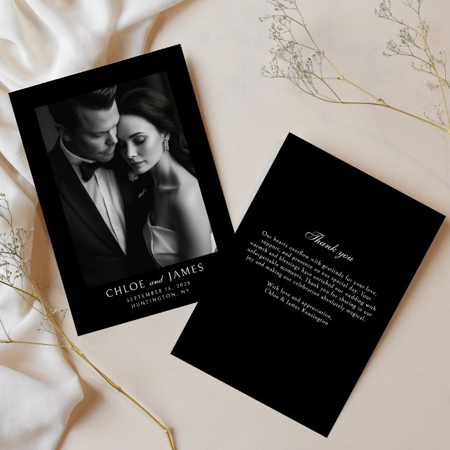 Elegant Classic Formal Black Photo Wedding  Thank You Card (Creator Uploaded)
