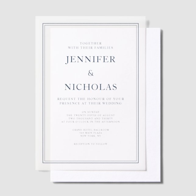 Elegant Classic Formal Navy Blue Wedding Vellum Invitations (Offset)