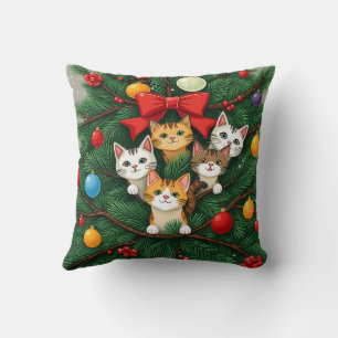 Elegant Classic Funny Cat Christmas Tree Red Green Cushion