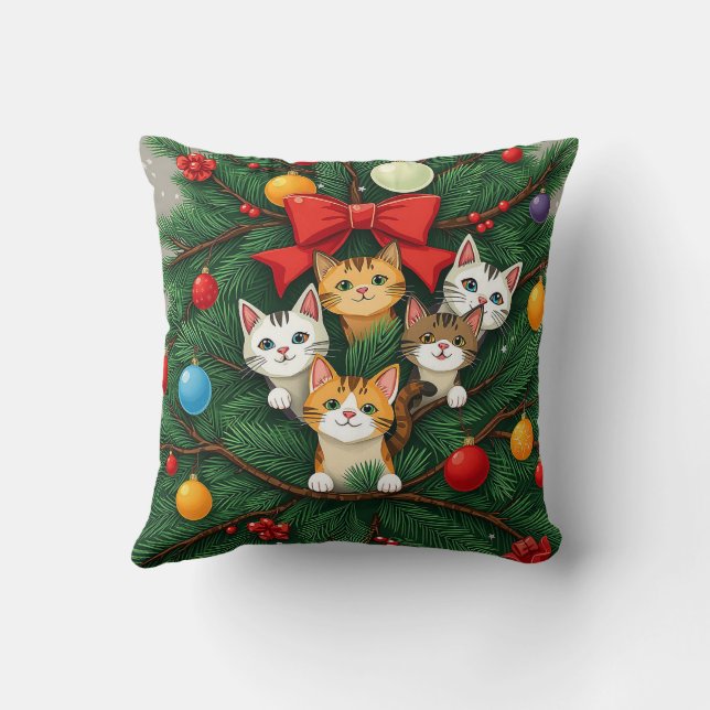 Elegant Classic Funny Cat Christmas Tree Red Green Cushion (Back)