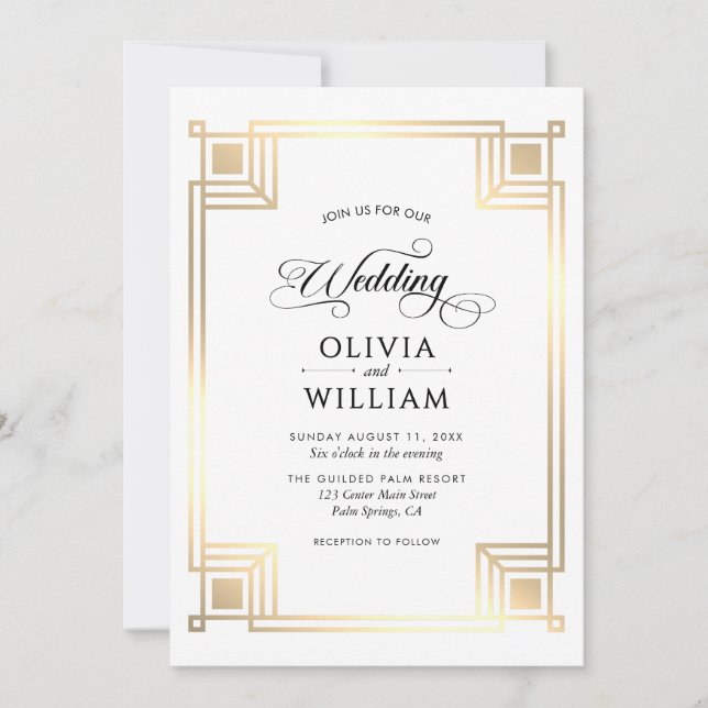 Elegant Classic Gold Art Deco Wedding Invitation (Front)