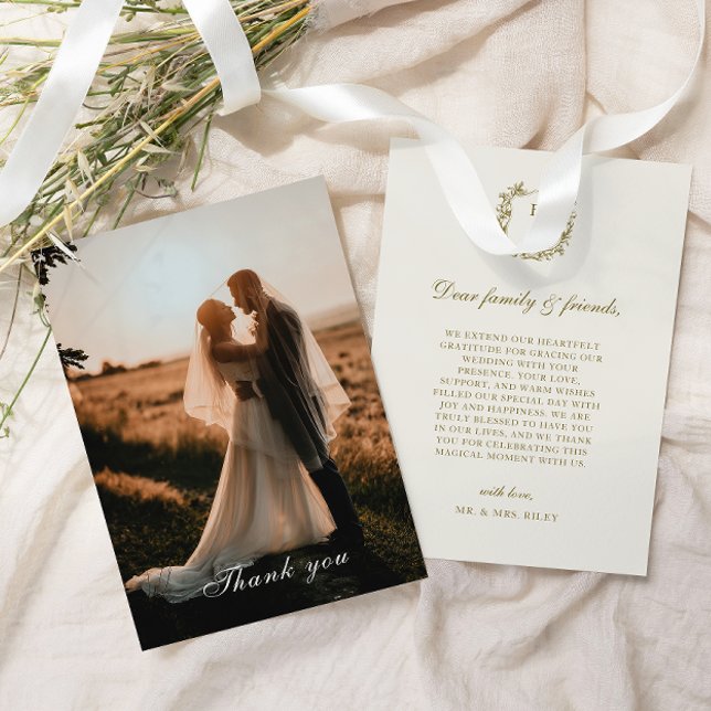 Elegant Classic Gold Crest Monogram Photo Wedding Thank You Card (Creator Uploaded)