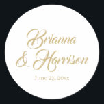 Elegant classic gold custom calligraphy wedding  classic round sticker<br><div class="desc">Classic elegant gold custom calligraphy names and date chic wedding Favour stickers and labels.
Customisable faux gold text,  white solid plain background</div>