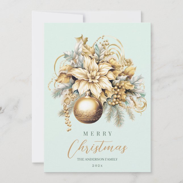 Elegant classic gold mint luxury Christmas bouquet Holiday Card (Front)
