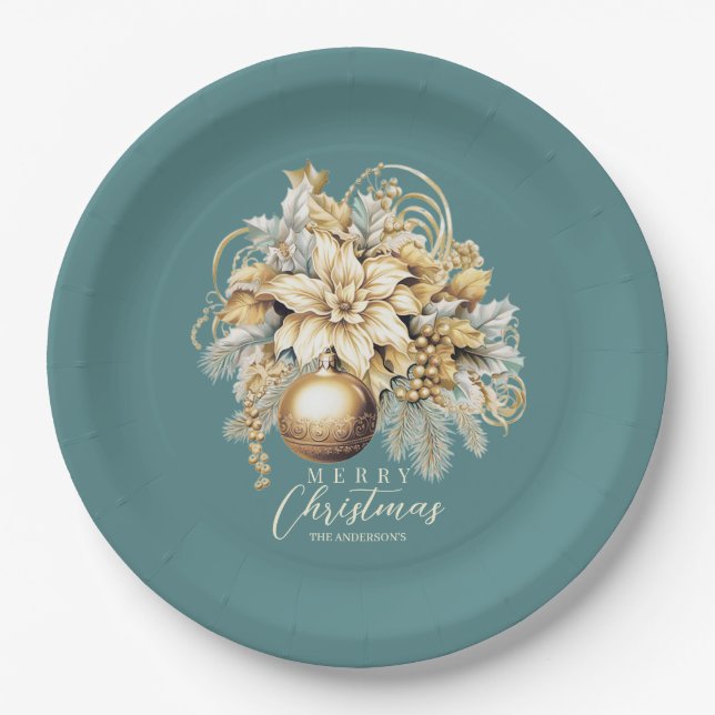 Elegant classic gold mint luxury Christmas bouquet Paper Plate (Front)