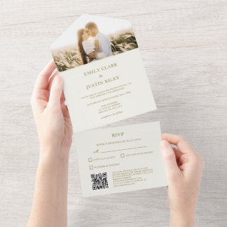 Elegant Classic Gold Monogram Photo QRCode Wedding All In One Invitation