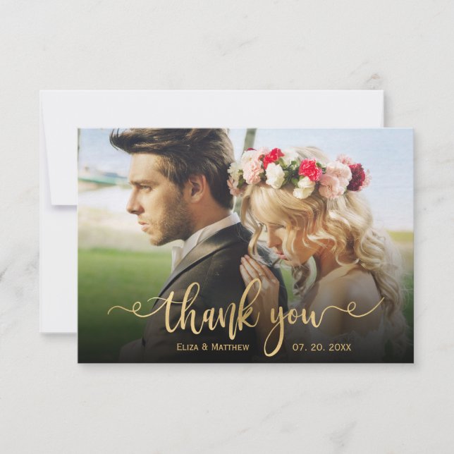 Elegant Classic Gold Script Photo Overlay Wedding  Thank You Card (Front)
