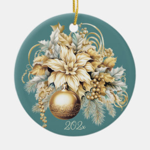 Elegant classic gold teal luxury Christmas bouquet Ceramic Tree Decoration