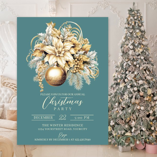 Elegant classic gold teal luxury Christmas Invitation (Gold luxury elegant Christmas party invitation)
