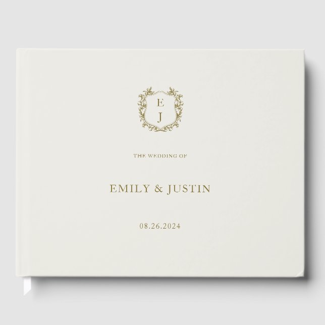 Elegant Classic Golden Crest Monogram Wedding Guest Book (Front)