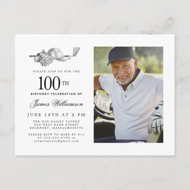 Elegant Classic Golf 100th Birthday Party Photo Invitation Postcard (Front)