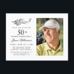 Elegant Classic Golf 50th Birthday Party Photo Invitation Postcard<br><div class="desc">Elegant black and white birthday invitation for a golfer. The top of the invitation is decorated with golf accessories - a golf club, golf ball, hat and gloves. The watercolor design creates a traditional and classic aesthetic. Perfect for a birthday bash at the club or a backyard BBQ. All of...</div>