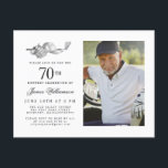 Elegant Classic Golf 70th Birthday Party Photo Invitation Postcard<br><div class="desc">Elegant black and white birthday invitation for a golfer. The top of the invitation is decorated with golf accessories - a golf club, golf ball, hat and gloves. The watercolor design creates a traditional and classic aesthetic. Perfect for a birthday bash at the club or a backyard BBQ. All of...</div>
