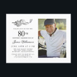 Elegant Classic Golf 80th Birthday Party Photo Invitation Postcard<br><div class="desc">Elegant black and white birthday invitation for a golfer. The top of the invitation is decorated with golf accessories - a golf club, golf ball, hat and gloves. The watercolor design creates a traditional and classic aesthetic. Perfect for a birthday bash at the club or a backyard BBQ. All of...</div>