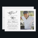 Elegant Classic Golf 90th Birthday Party Photo Invitation<br><div class="desc">Elegant black and white birthday invitation for a golfer. The top of the invitation is decorated with golf accessories - a golf club, golf ball, hat and gloves. The watercolor design creates a traditional and classic aesthetic. Perfect for a birthday bash at the club or a backyard BBQ. All of...</div>