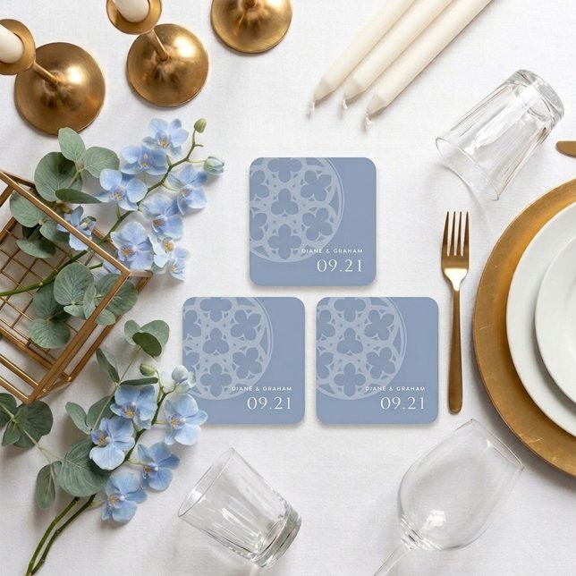Elegant Classic Gothic Window Forever Blue Wedding Square Paper Coaster (Creator Uploaded)