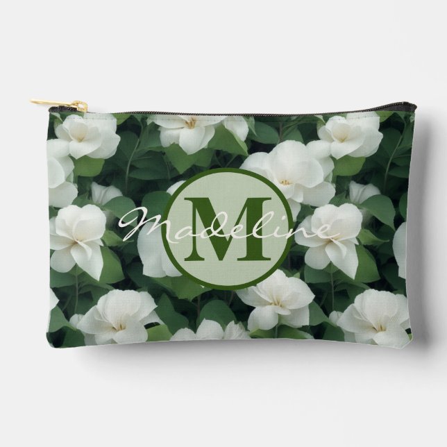 Elegant classic green botanical white floral accessory pouch (Front)