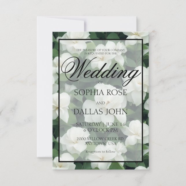 Elegant classic green botanical white floral invitation (Front)