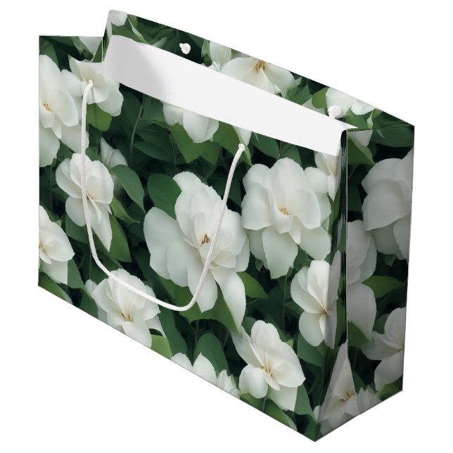 Elegant classic green botanical white floral large gift bag (Front Angled)